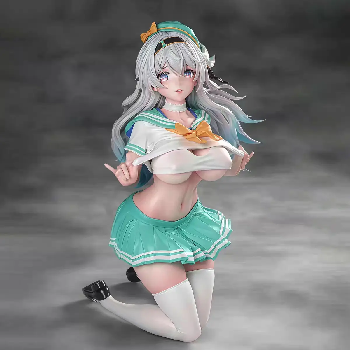 Flowing Sailor Uniform Kneeling Figure, Fresh Mint Jk Uniform with Matching Beret, Bow Accent, PVC Material, Anime Collectible