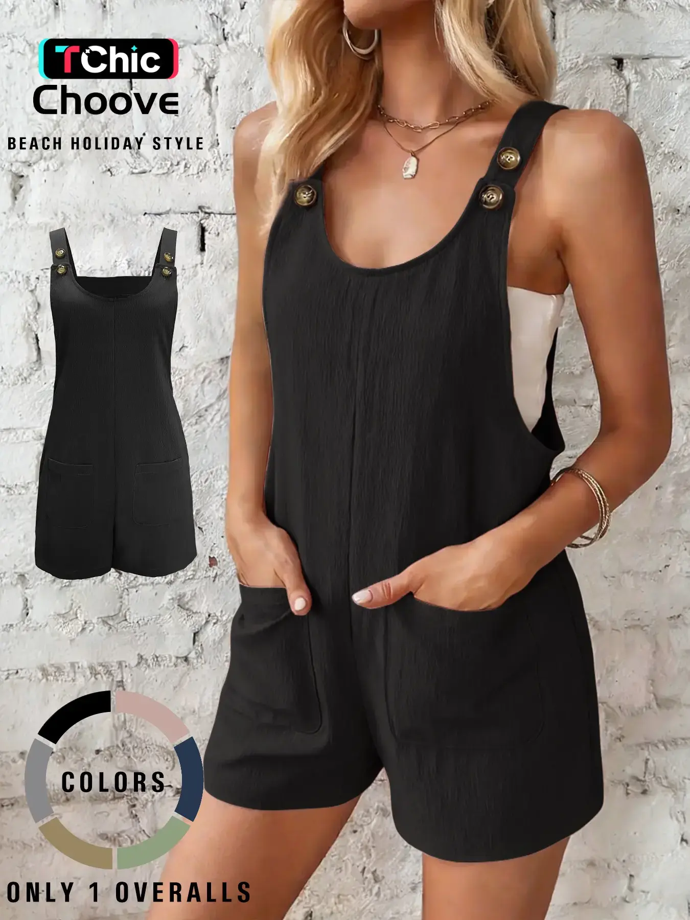Women's Casual Basic Plain Minimalist Sleeveless Strappy Overalls with Adjustable Buttons and Two Patch Pockets, Short Fitted Design, Perfect for Daily Wear and Beach Holidays, Womenswear