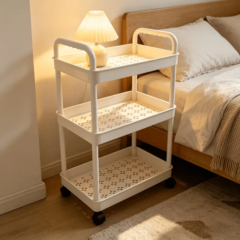 3-Tier Rolling Storage Cart with Wheels, Hollow Drainage Shelves Made of Thickened PP Material, Strong Load Bearing, Smooth Silent Wheels, Bedroom Organizer for Every Room