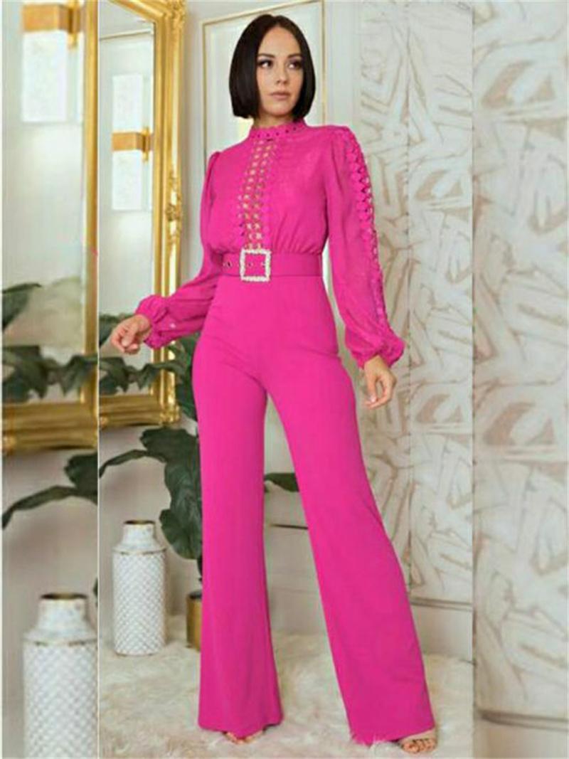 Woman Jumpsuit Birthday Long Sleeve Hollow Out High Waist One Pieces Overalls Club Party Outfits with Belt