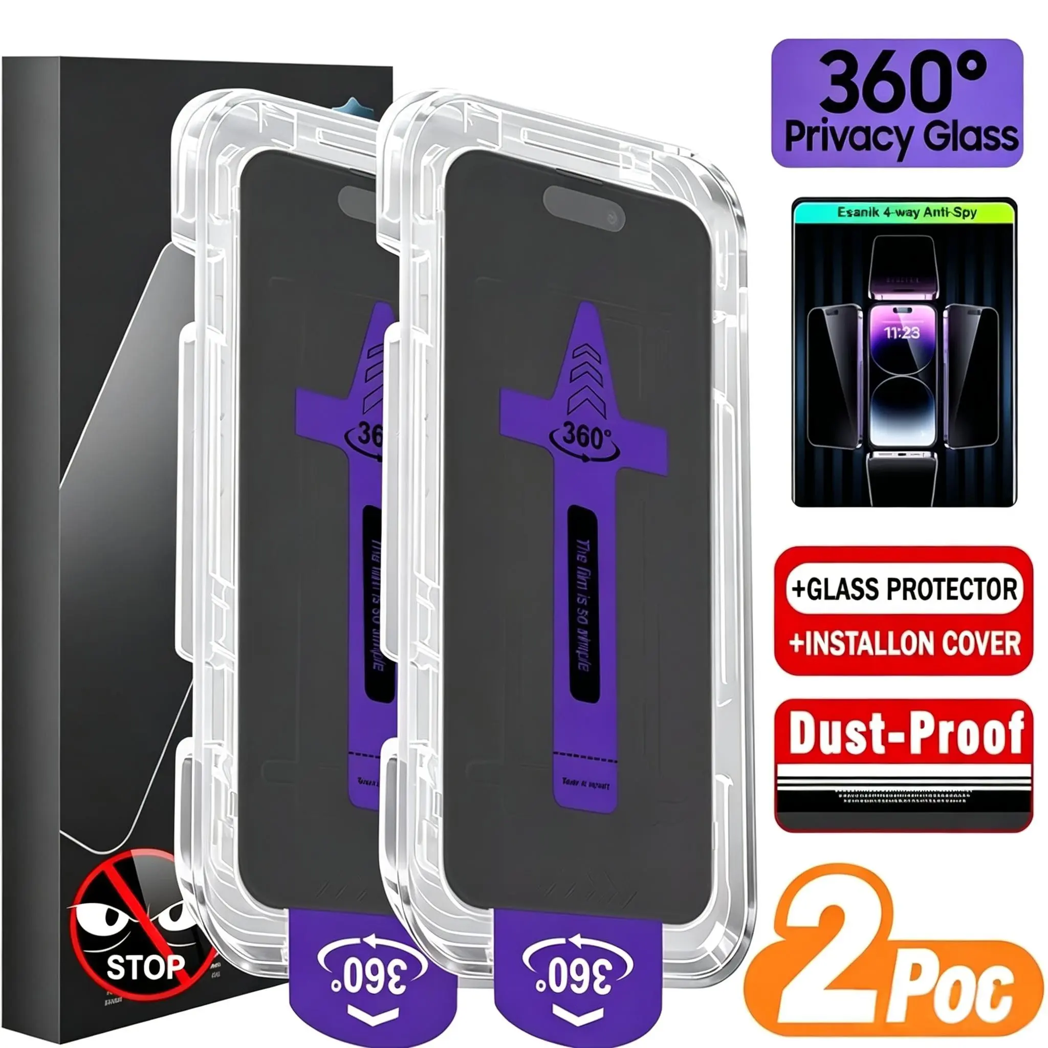 2-Pack 360° Full Coverage Tempered Glass Screen Protector foriPhone 11/12/13/14/15/16/17/Plus/Pro/Pro Max/17Air/16e Series, Anti-Spy, Anti-Fingerprint, Easy Install, Privacy Protection