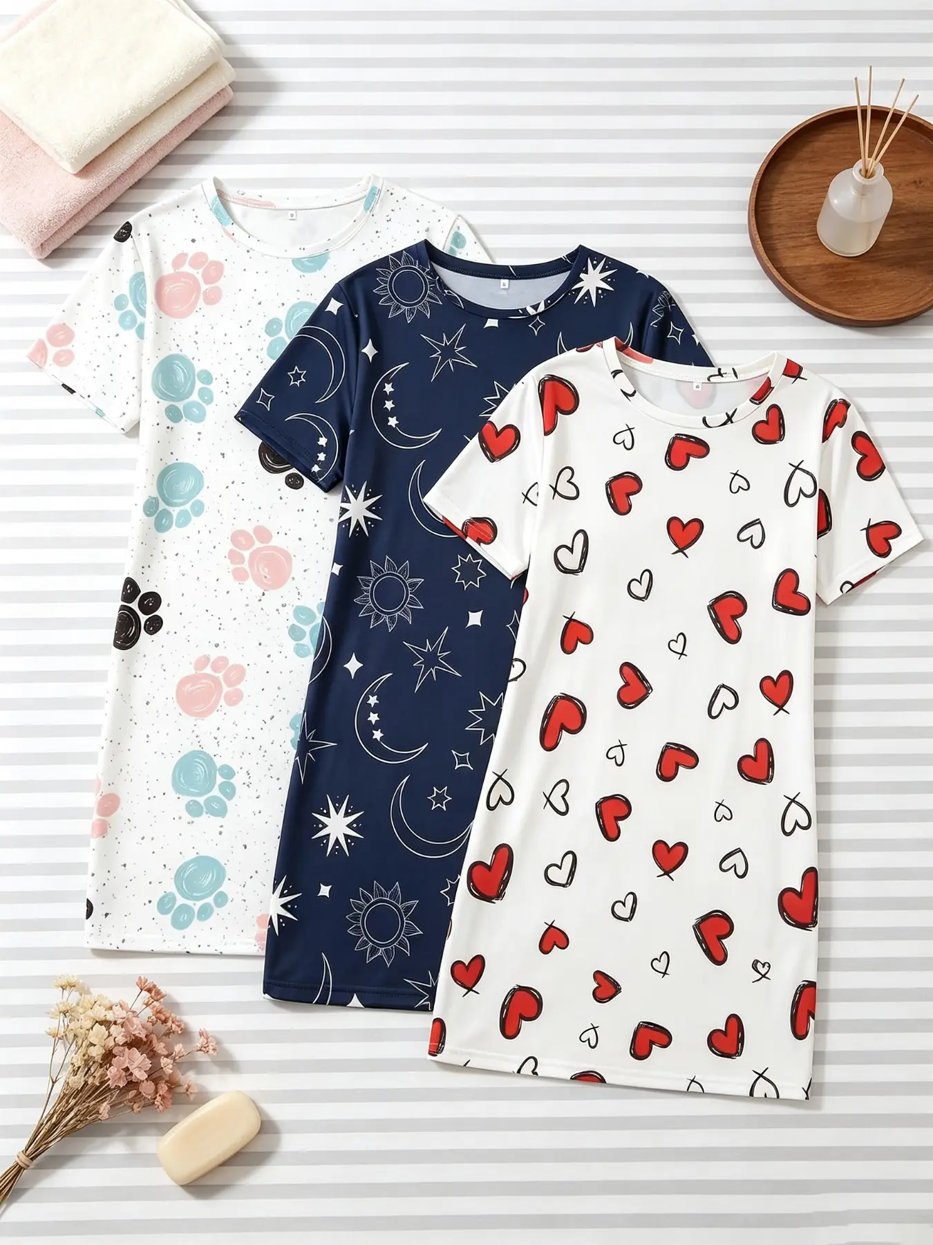 Women's Nightgowns 3 Pack Value Matching Set Paw Print Sun Moon Star Celestial Heart Doodle Print Summer Short Sleeve Crew Neck Soft Breathable Lightweight Slightly Stretchy Sleep Dress Home Lounge Casual Daily Wear Multipack Sleep Set Loungewear