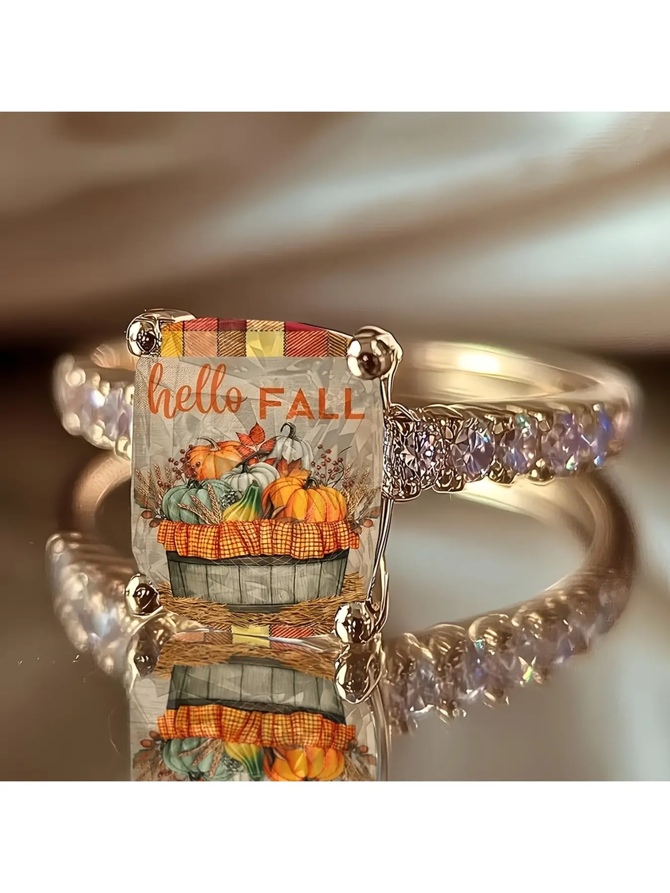 Hello Fall - Autumn Pumpkin Print Ring, featuring a vintage harvest-themed illustration, with a diamond-studded gold band, a charming American country accessory with an autumnal atmosphere.