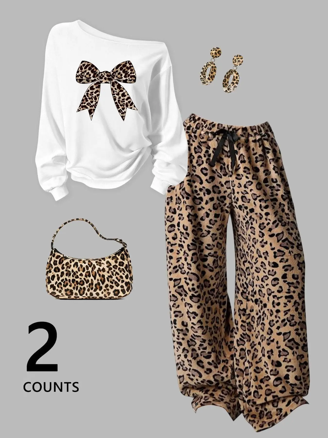 Women's Leopard Print Bow Tie Two-Piece Set, Off-Shoulder Long Sleeve Sweatshirt + Leopard Wide Leg Drawstring Pants, Casual Spring Fall