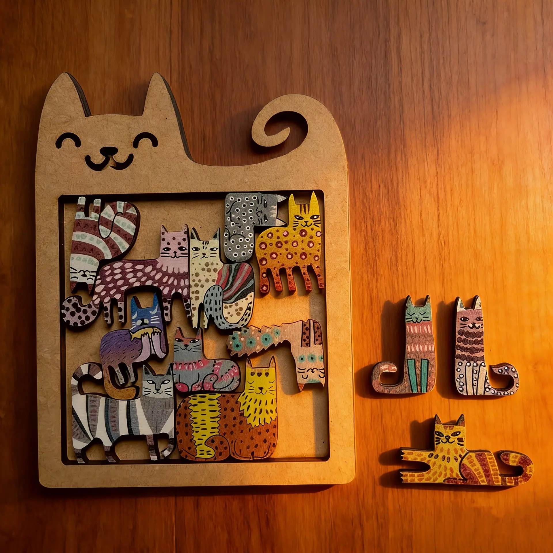 13-Piece Colorful Cat Shape Wooden Puzzle, Unique Animal Shape Wooden Puzzle, Creative Gift for Cat Lovers, Home Decor, Christmas Birthday Gift
