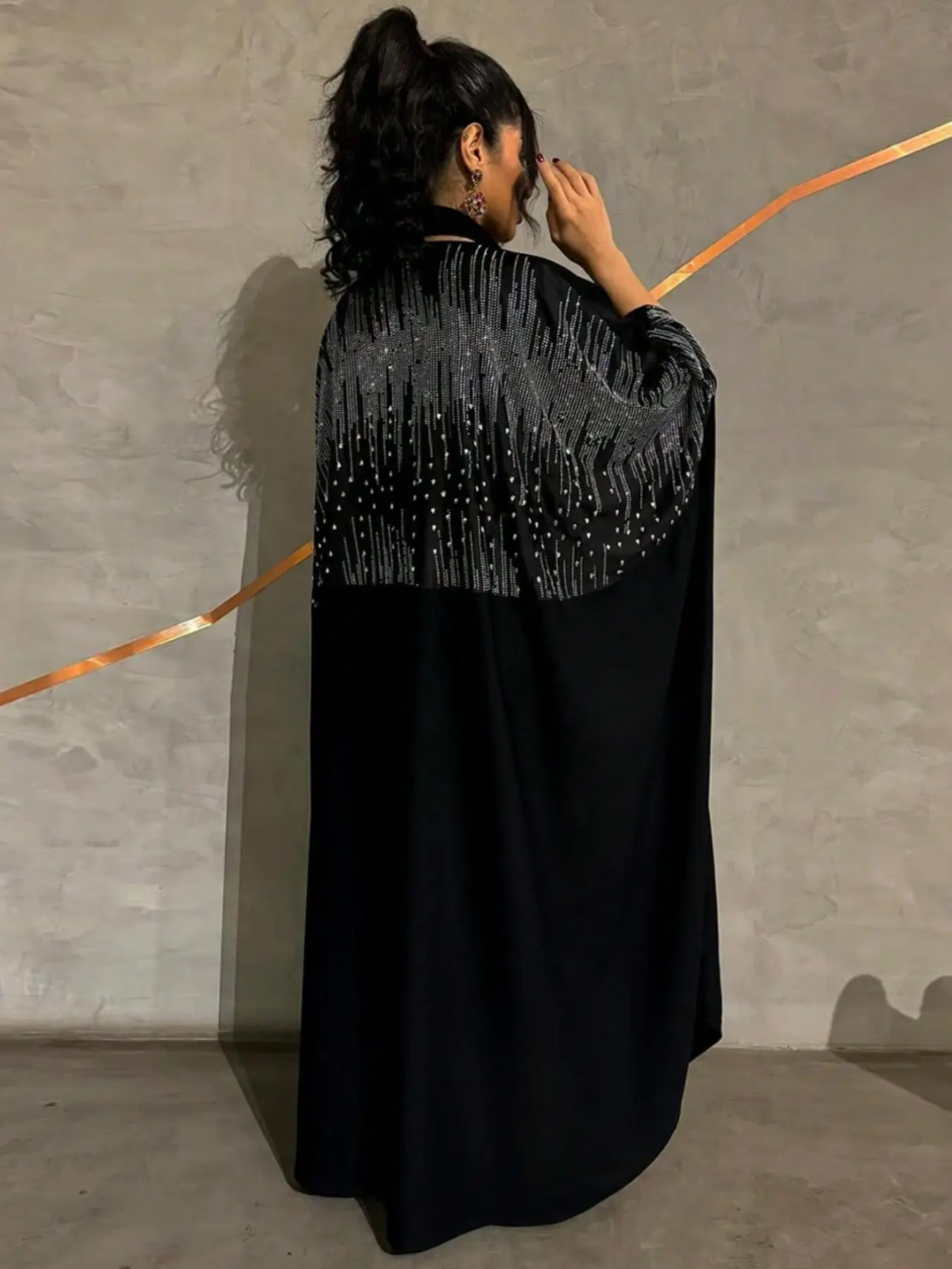 Luxurious Long Formal Cardigan with Rhinestones, Gradient Back Design, Bat Wings Wide Sleeves, Perfect for Events and Parties, Clothes