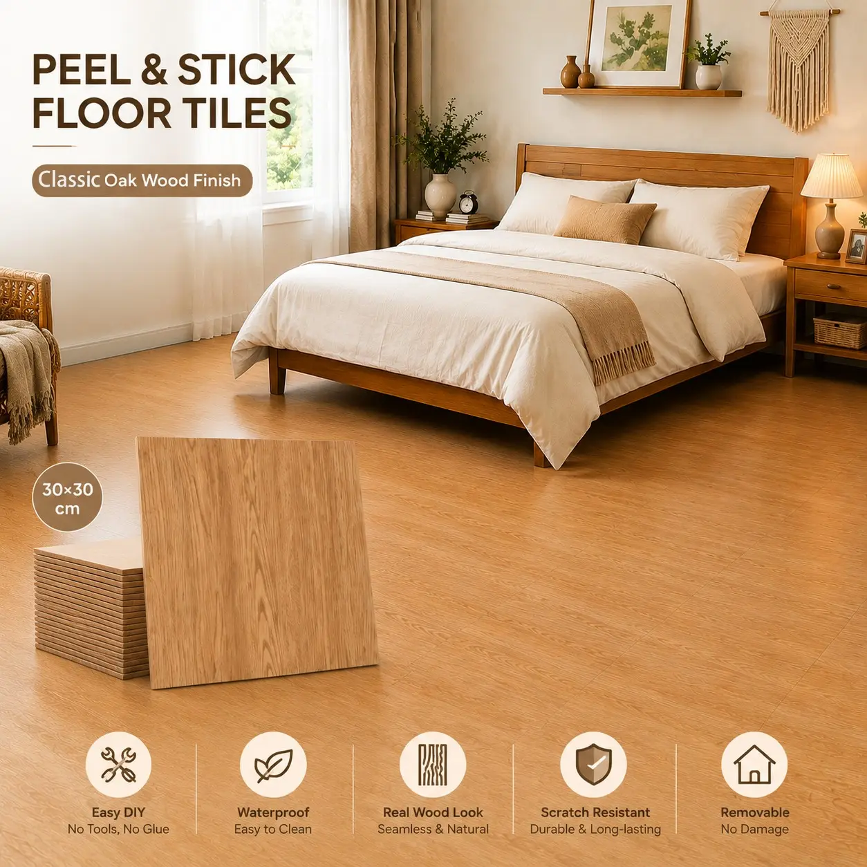Classic Oak Peel and Stick Floor Tiles, 30×30cm Self-Adhesive Wood Vinyl Flooring, Vinyl Material, Waterproof Removable Floor Stickers for Renters & DIY Renovation