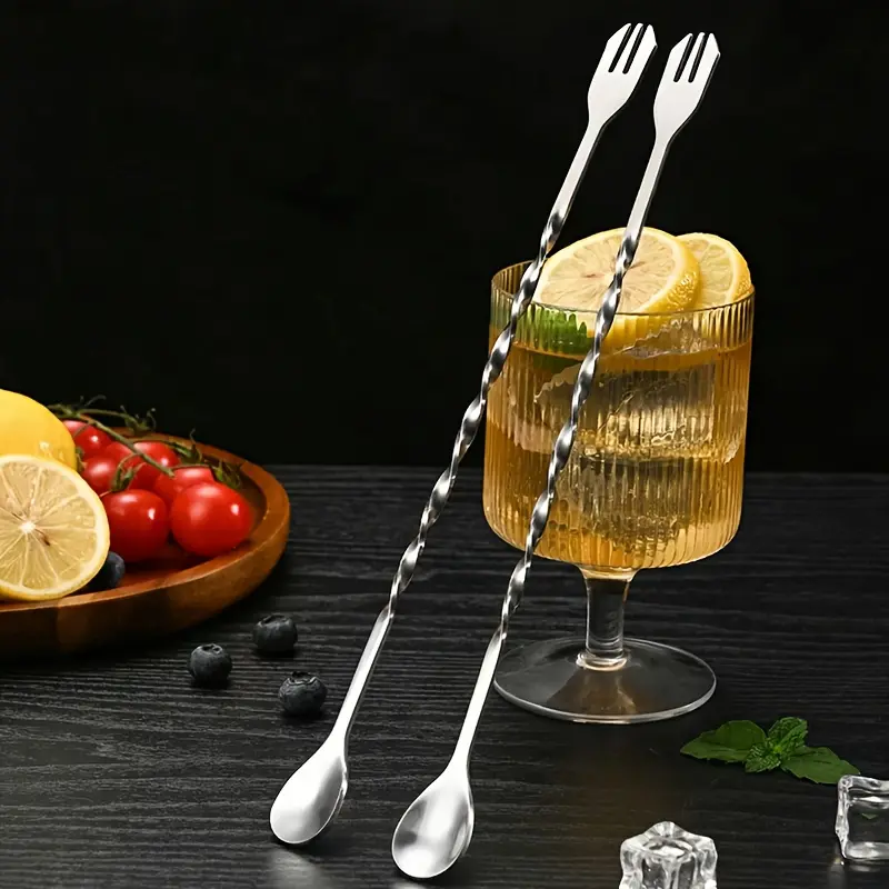 2PCS Stainless Steel Spiral Bar Spoon, 12.7 Inch Long Handle Cocktail Stirrer with Fork Tip, Dual Purpose Stirring Mixing Spoon for Milkshake Coffee Smoothie, Silver & Gold Available, Essential Bartender Tool for Home Bar Pub Bubble Tea Shop