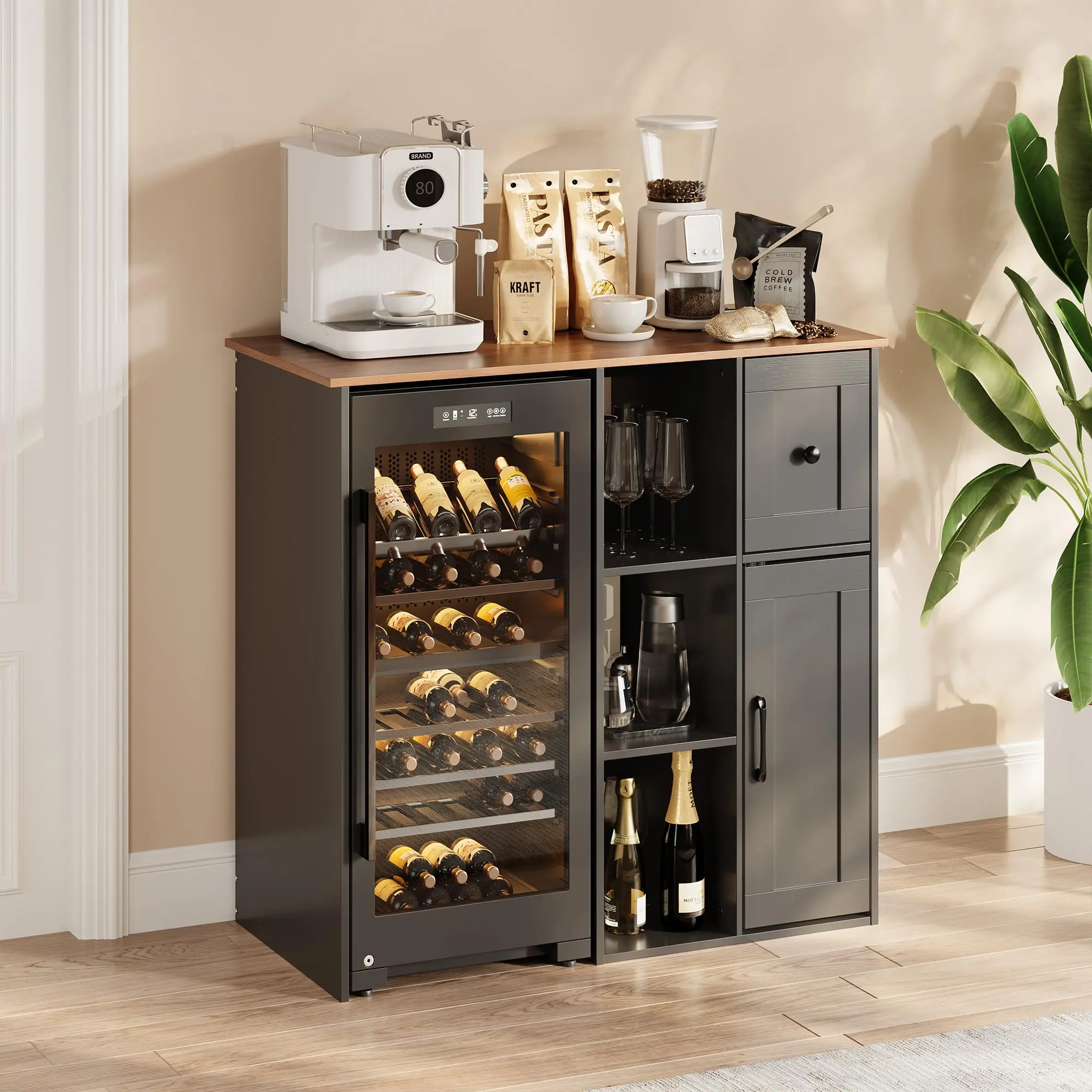 Coffee Bar Cabinet with Built-in Power Outlet – 40" Kitchen Organizer with Drawer, Open Shelves & Closed Storage – Mini Fridge Stand for Snack and Wine Bar, Multipurpose Kitchen or Dining Room Storage