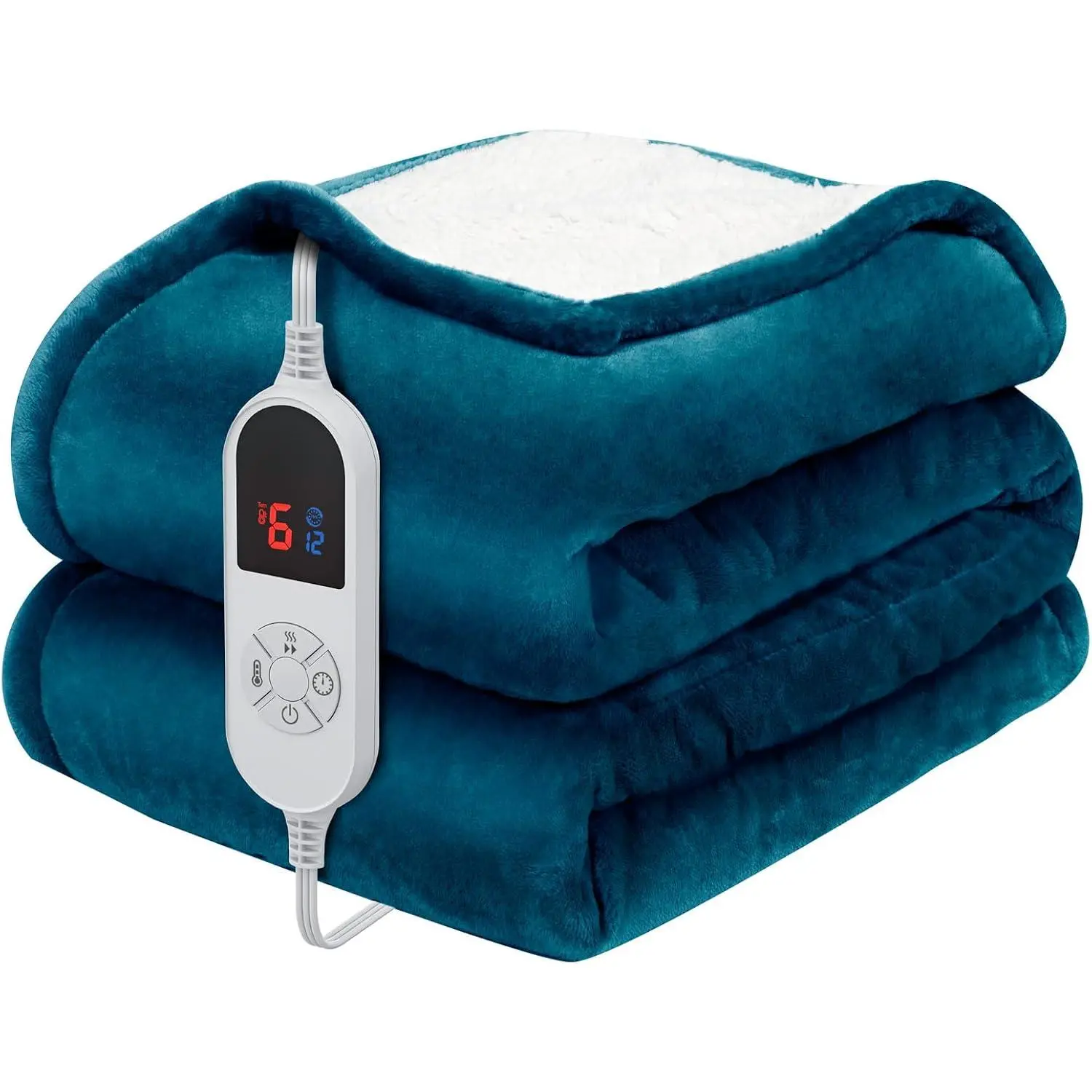 Adjustable Corded Rectangular Heated Blanket Throw (50"x60") - Synthetic Flannel Sherpa, 12-Time Settings, 6 Heating Levels, Auto Shut Off, Overheat Protect, ETL Certified, Extra Layer of Warmth, Heat Insulating, Super Cozy Blue Electric Blanket, 120V/40℃