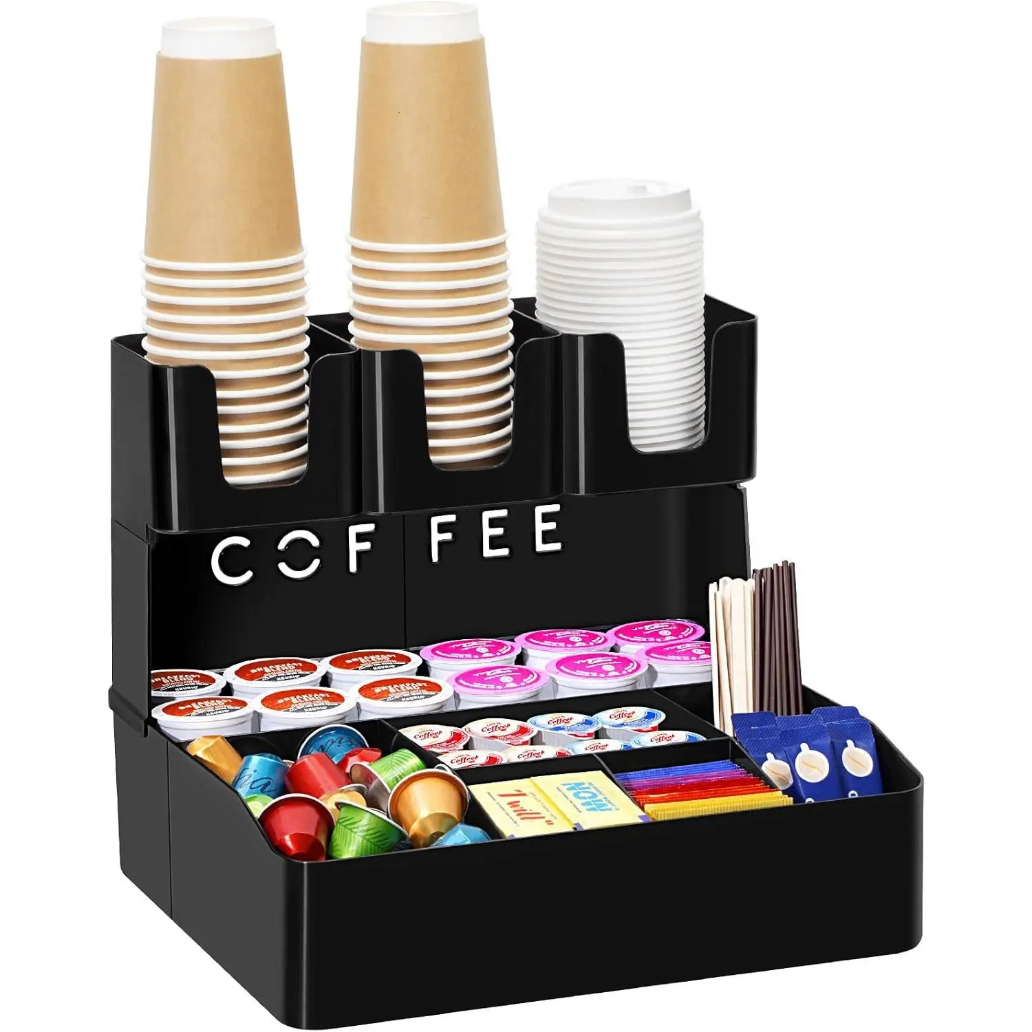 2-tier Coffee Station Organizer, 10 Compartments, Black, Plastic | Countertop Coffee Bar Organizers for Cups, Pods, Sugar, Condiment Holders Storage for Office Breakroom Kitchen