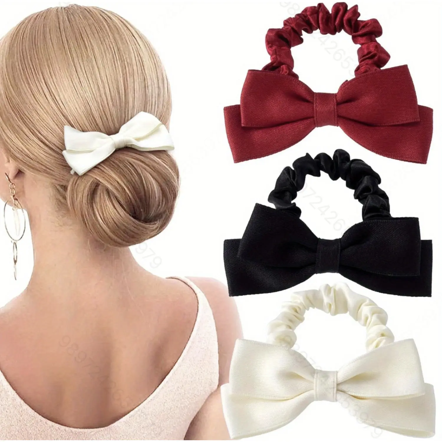 Women's Large Satin Bow Scrunchies - PVC, Unisex No-Hassle Hair Styling Accessories, Elegant French Double-Layer Ribbon Hair Ties, Multifunctional Ponytail/Bun Holders Pack