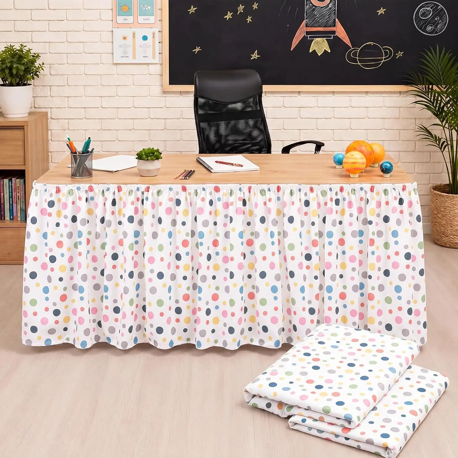 Polka Dot Teacher Table Skirt, Classroom Curtain Skirt, Long Rectangular Tablecloth, Office Use, Colorful, Large Dots