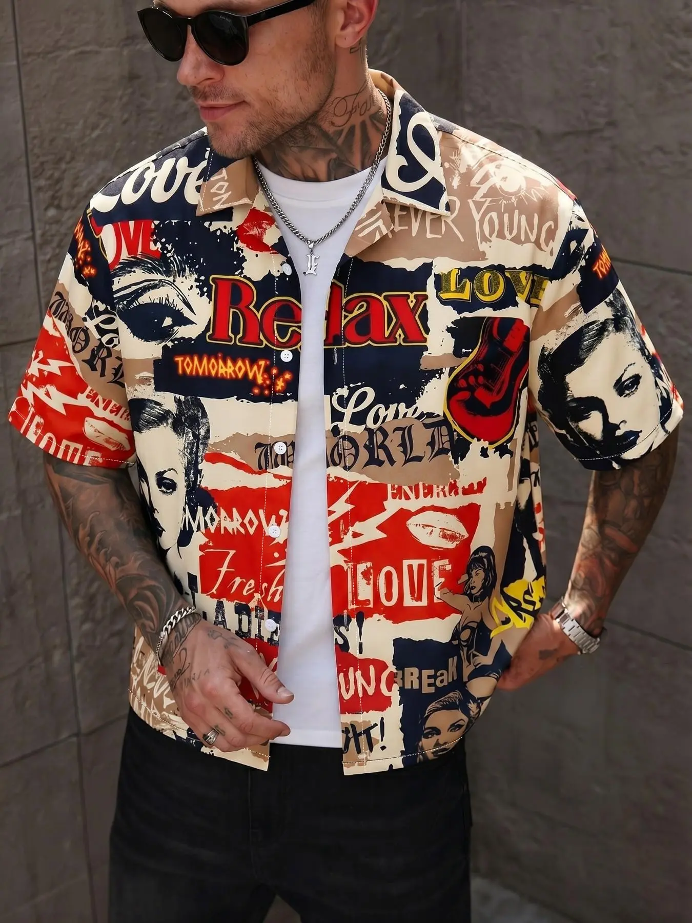 Vintage American Gossip Graffiti Cuban Collar Short Sleeve Casual Printed Loose-Fitting Blouse, All-Over Print Top Shirts