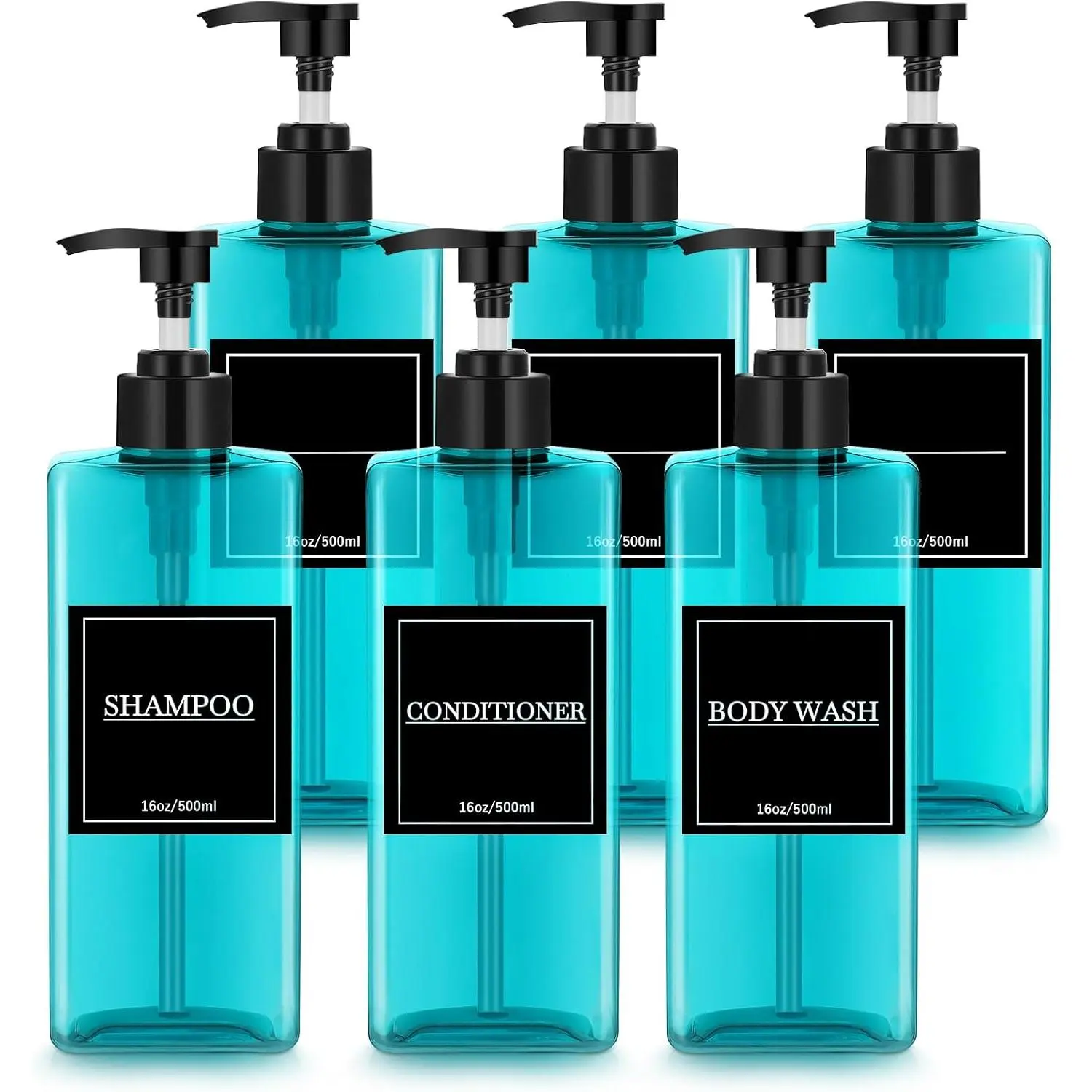 6 count Shampoo and Conditioner Dispenser Bottles 16oz Modern Shower Soap Bottles with Pump, Labels and Marker Pen Easy to Refill  Wash Dispensers for  Bathroom Decoration
