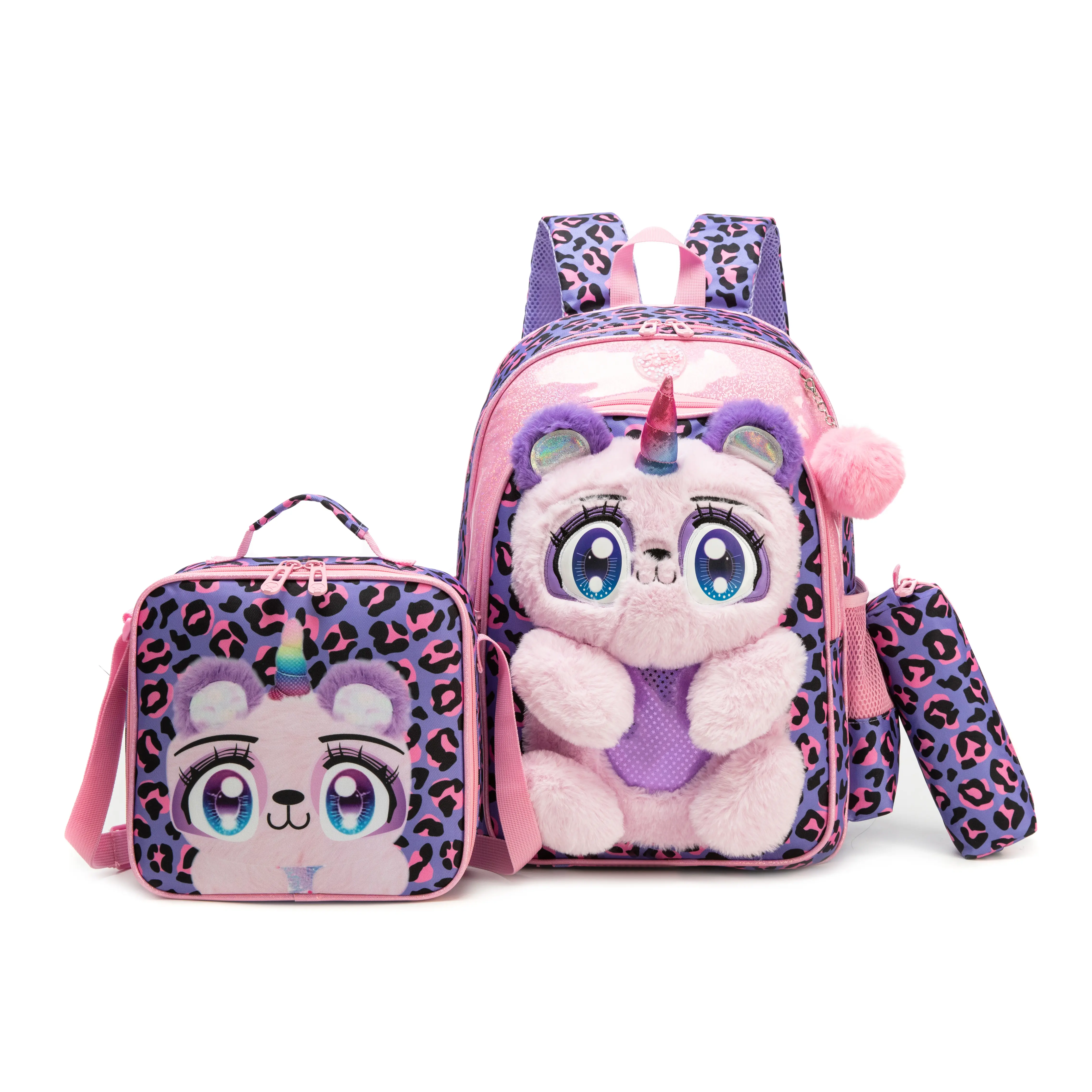 Girls School Backpack Set, 3-Piece Cute Pink & Purple Leopard Print Plush 3D Unicorn with Insulated Lunch Box & Pencil Case, Backpacks For School