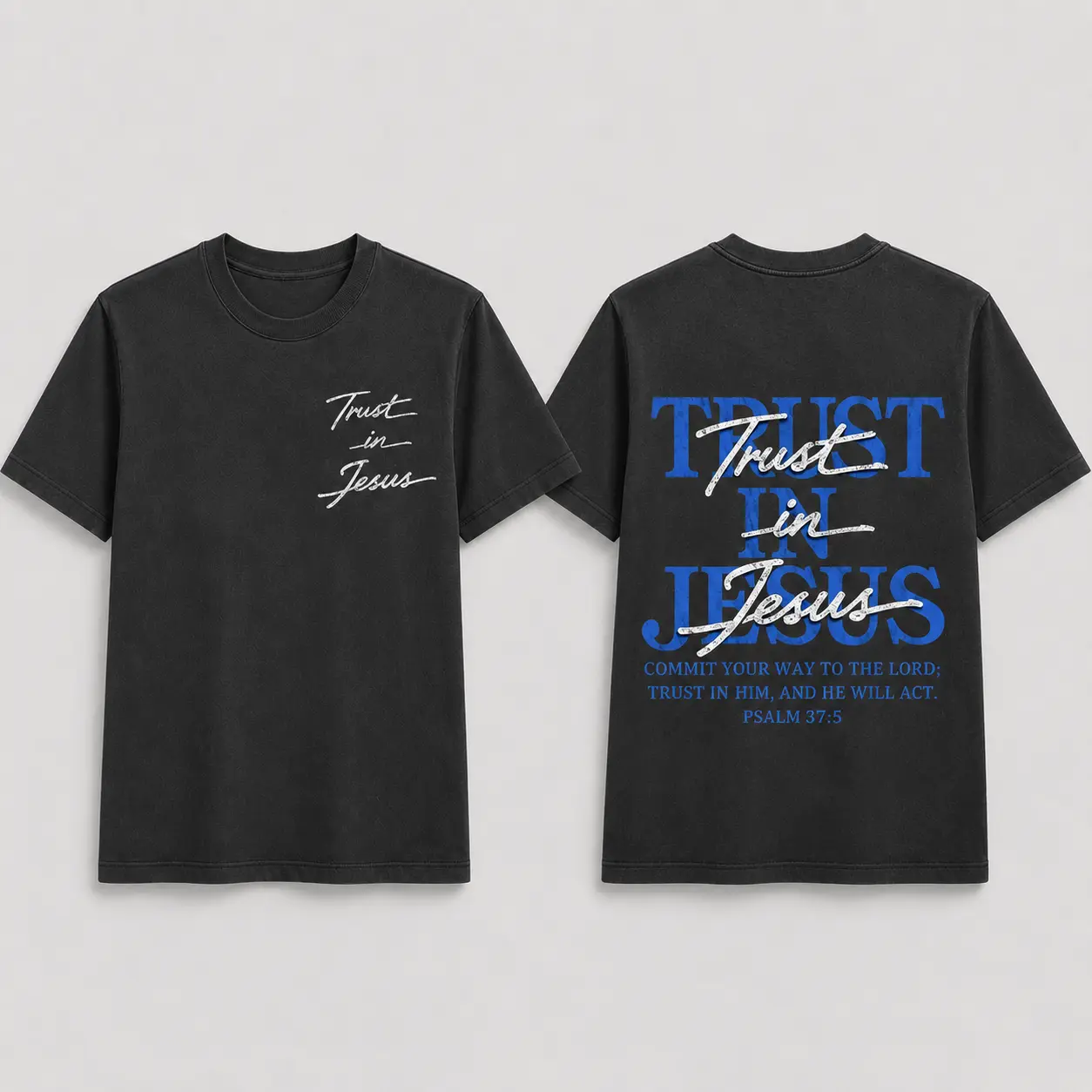 Christian Washed Oversized Tee, "Trust in Jesus" Psalm 37:5 Bible Verse Design, Faith-Based Gift for Men & Women