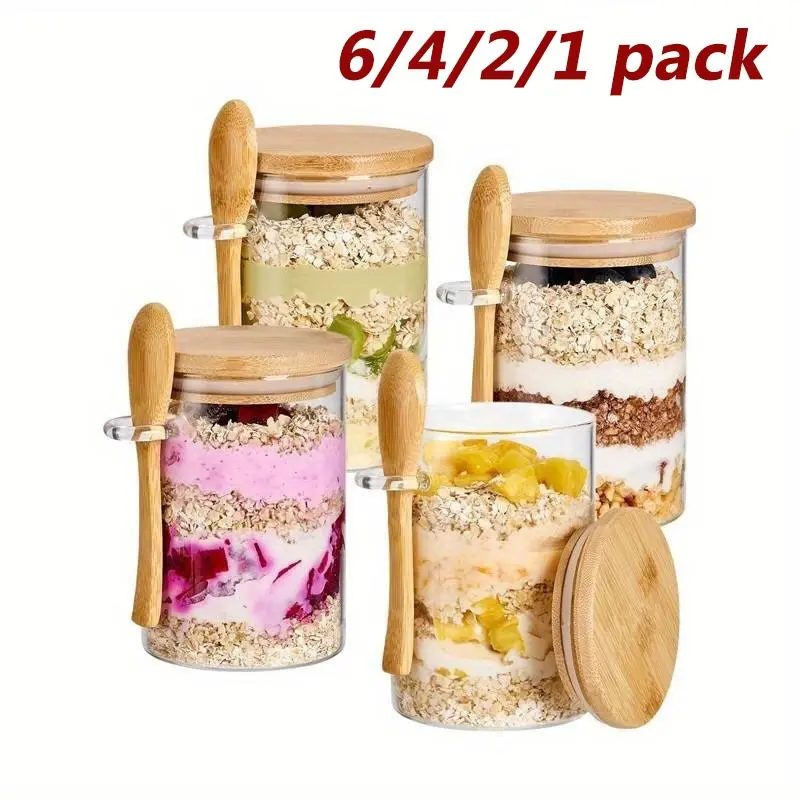 Set of 6/4/2/1 Overnight Oats Jars (16 oz) with Bamboo Lids and Spoons – Large-Capacity, Clear Glass Containers for Food Storage, Meal Prep and Breakfast; Suitable for Oats, Yogurt, Salads – Airtight Glass Storage Jars