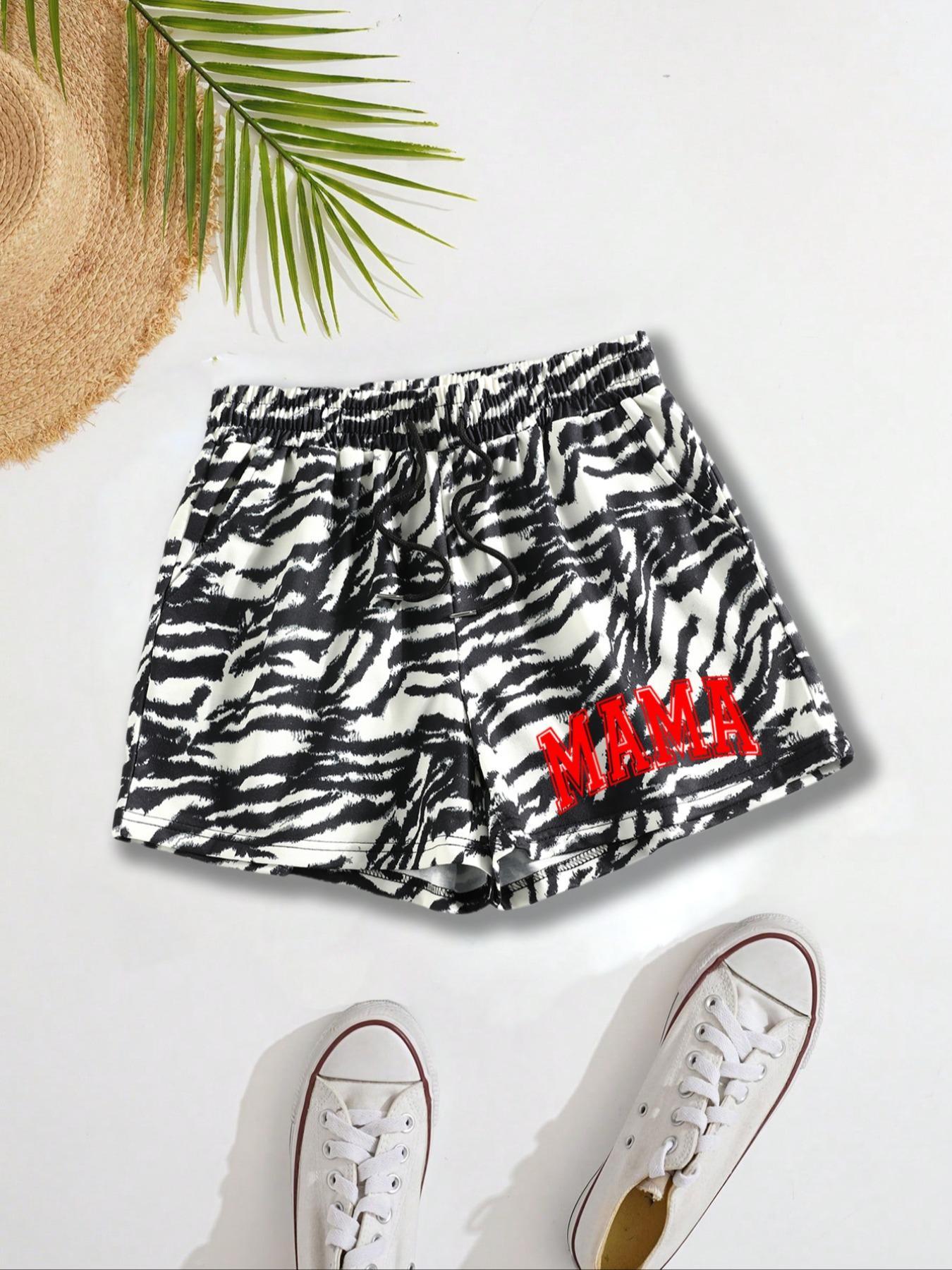 Women's Letter Print Drawstring Waist Shorts, Casual Elastic Waist Pocket Shorts for Summer, Ladies Bottoms for Daily Wear