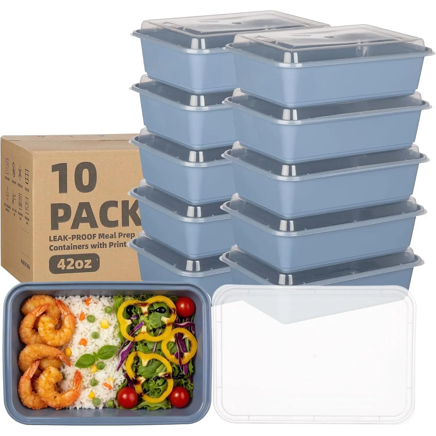 10 Pack 42 oz Meal Prep Containers,  Plastic  Prep Storage Containers with Printed , Stackable, Leakproof, Microwave & Freezer & Dishwasher Safe,To Go Take Out Box