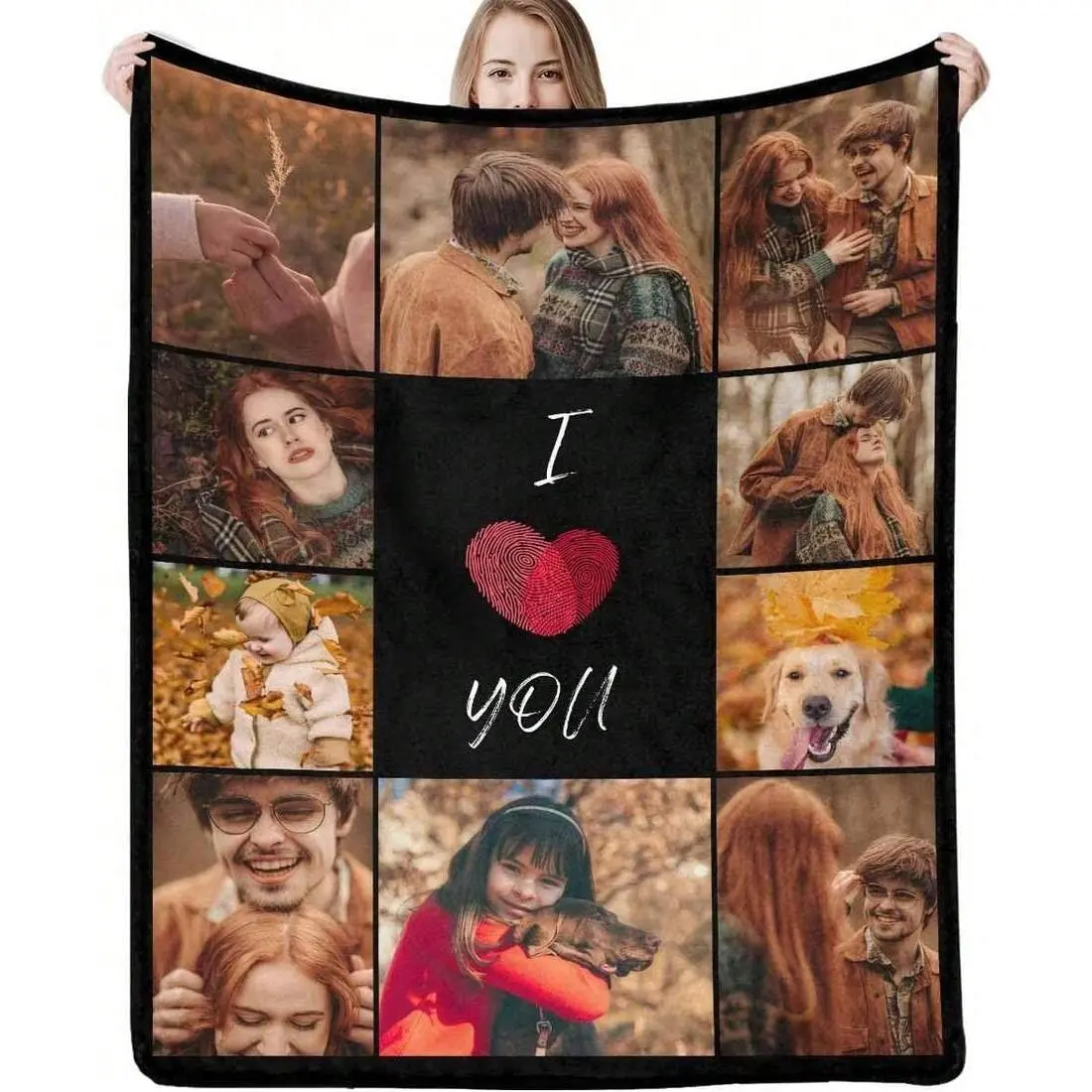 Custom Photo Blanket - 1-9 Photo Collage Flannel Throw, Black Background with Fingerprint Heart & "I Love You" Text, Lightweight Wrinkle-Resistant AC Blanket, Wedding/Birthday Gift for Couple, Keepsake Home Decor