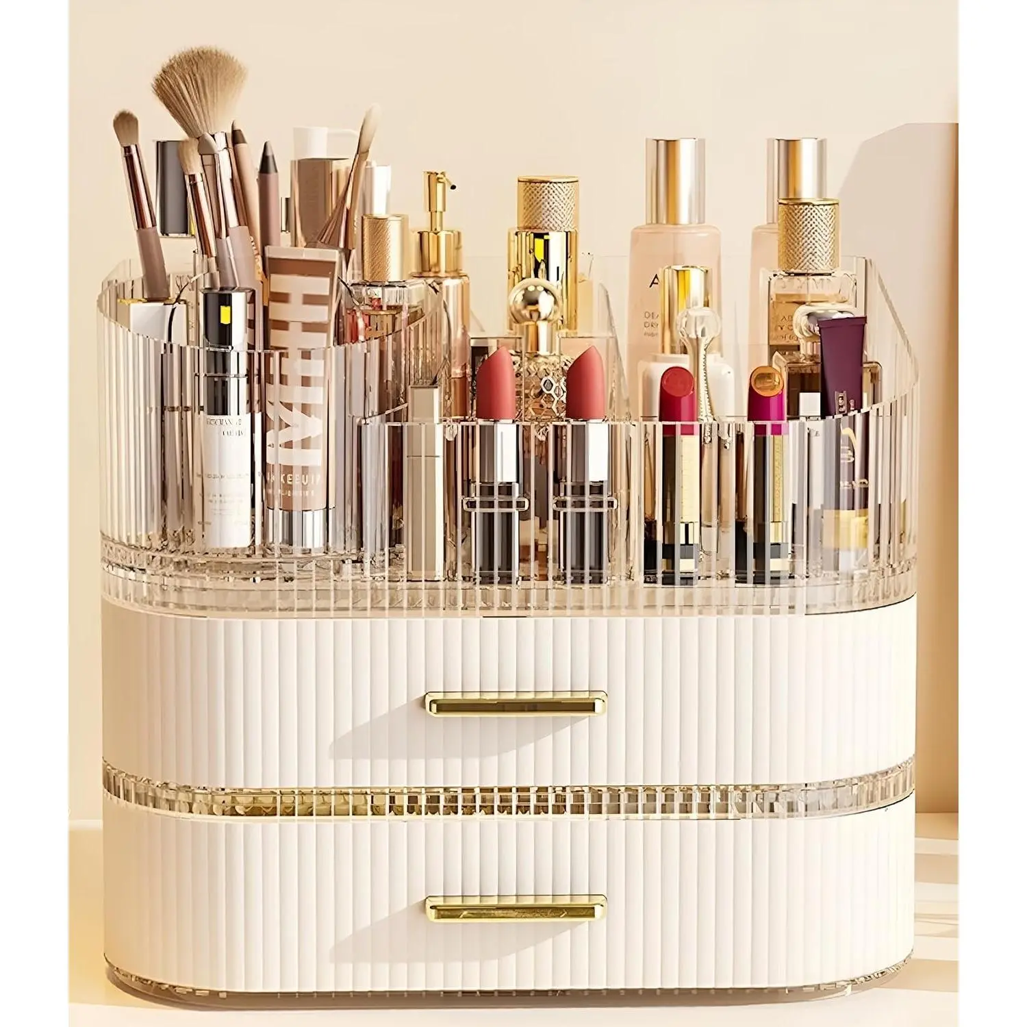 3-Layer Cream White Makeup Organizer with Drawers, 360° Rotating Brush Holder, Compartment Shelf - Large Capacity Cosmetic Storage for Vanity Decor, Ideal Gift for Skincare & Perfume Storage, Transparent