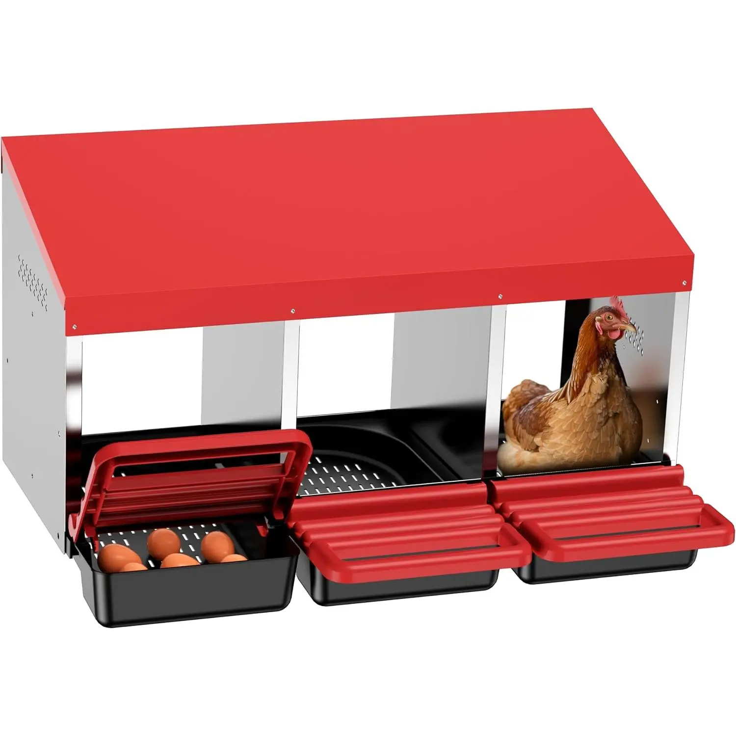 Functional 3-Compartment Red Metal Chicken Nesting Box, with Swing Perch, Rollout Egg Tray for Chicken Coop