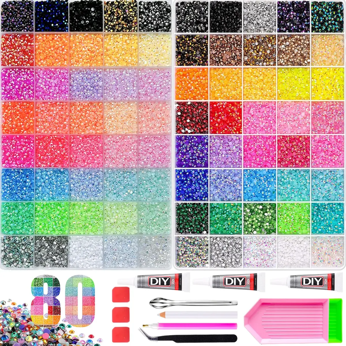 Luxury 80 Colors Rhinestone Collection Kit, Rainbow AB Crystal Gems with DIY Tools, Premium Bling Supplies for Crafts, Diamond Art & Accessories。Nail Art, Phone Case, Tumbler & DIY Craft Decoration。mid year sale, deals for you