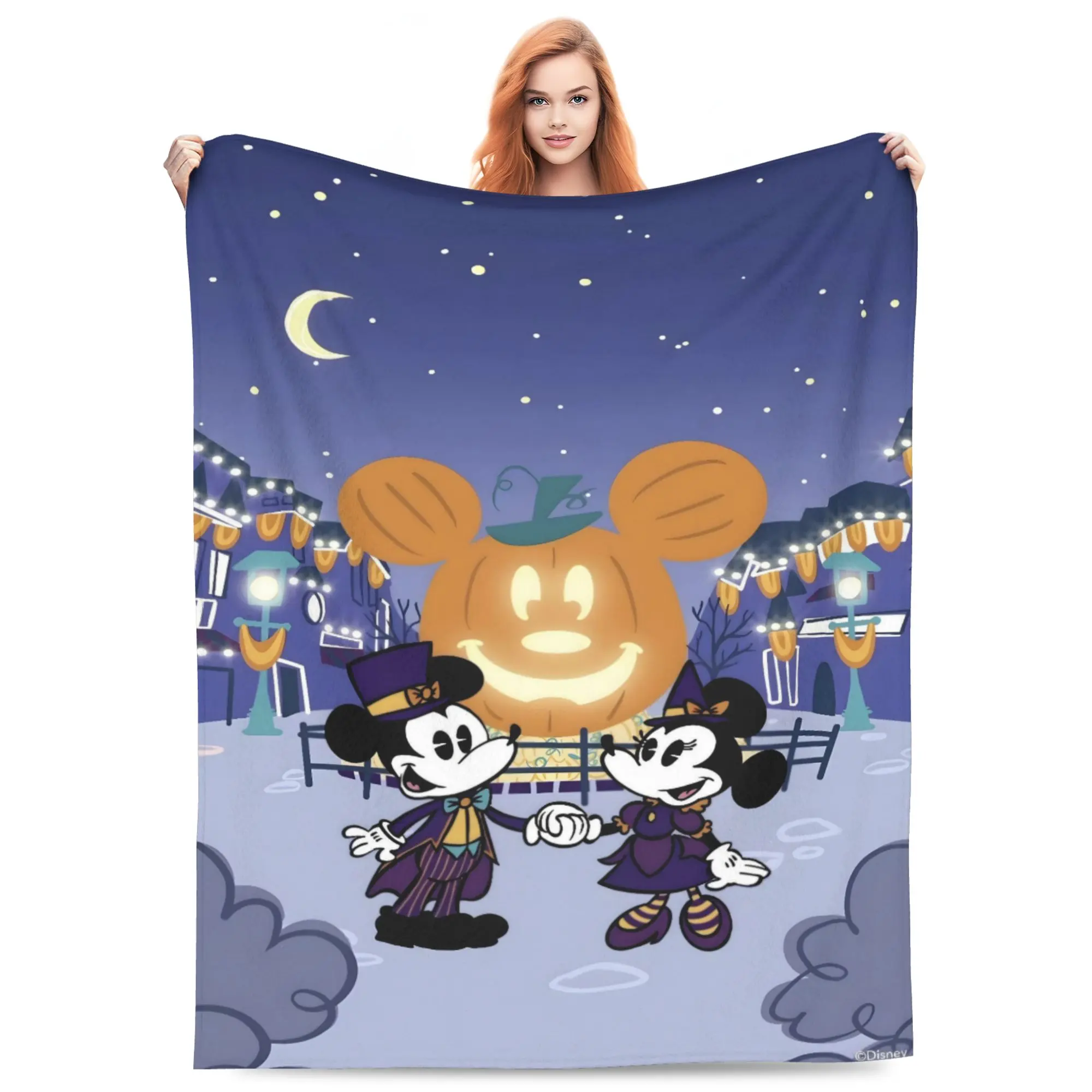 DISNEY CLASSIC Mickey Minnie Halloween Flannel Throw Blanket, Pumpkin Jack‑o‑Lantern Night Scene Soft Cozy Lightweight Blanket for Sofa Bed Couch, Halloween Home Decor