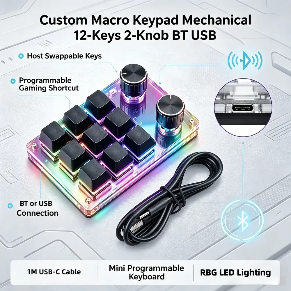 Custom Mechanical Macro Pad - Black 9-Key+Dual Knobs+BT, Hot Swappable, Wireless Programmable Gaming Shortcut Keypad, Self Program, Space-Saving, Versatile Control Knobs, Gaming PC Accessories, Bluetooth/USB Accessory with USB Cable for PC Gaming Setup