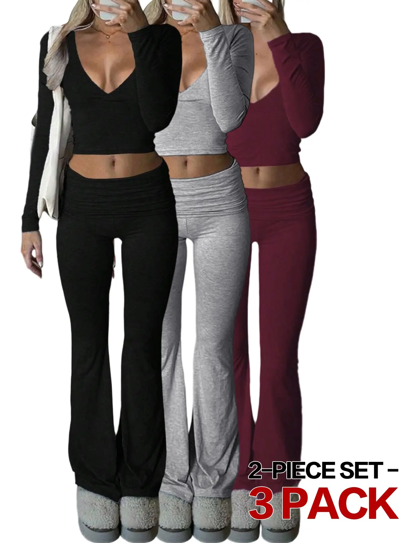 Wrinkle Resistant Deep V Long Sleeve Crop Top & High Waist Flare Pants Set, Ruched Styling for Slim Waist, Fall Casual Suit for Social Media Trends