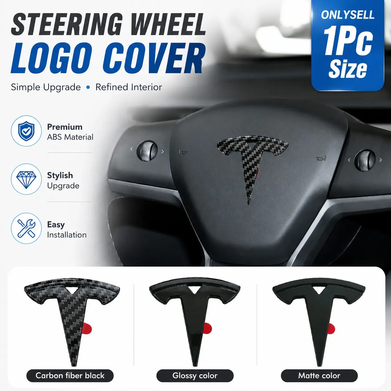 Tesla Steering Wheel Logo Sticker Decal, Automobile Decals For Cars, Car Accessory, Carbon Fiber Black Glossy Emblem Cover Interior Decoration Badge Trim for Model 3 Model Y Model S Model X Self Adhesive ABS Accessory Easy Installation 1Pc