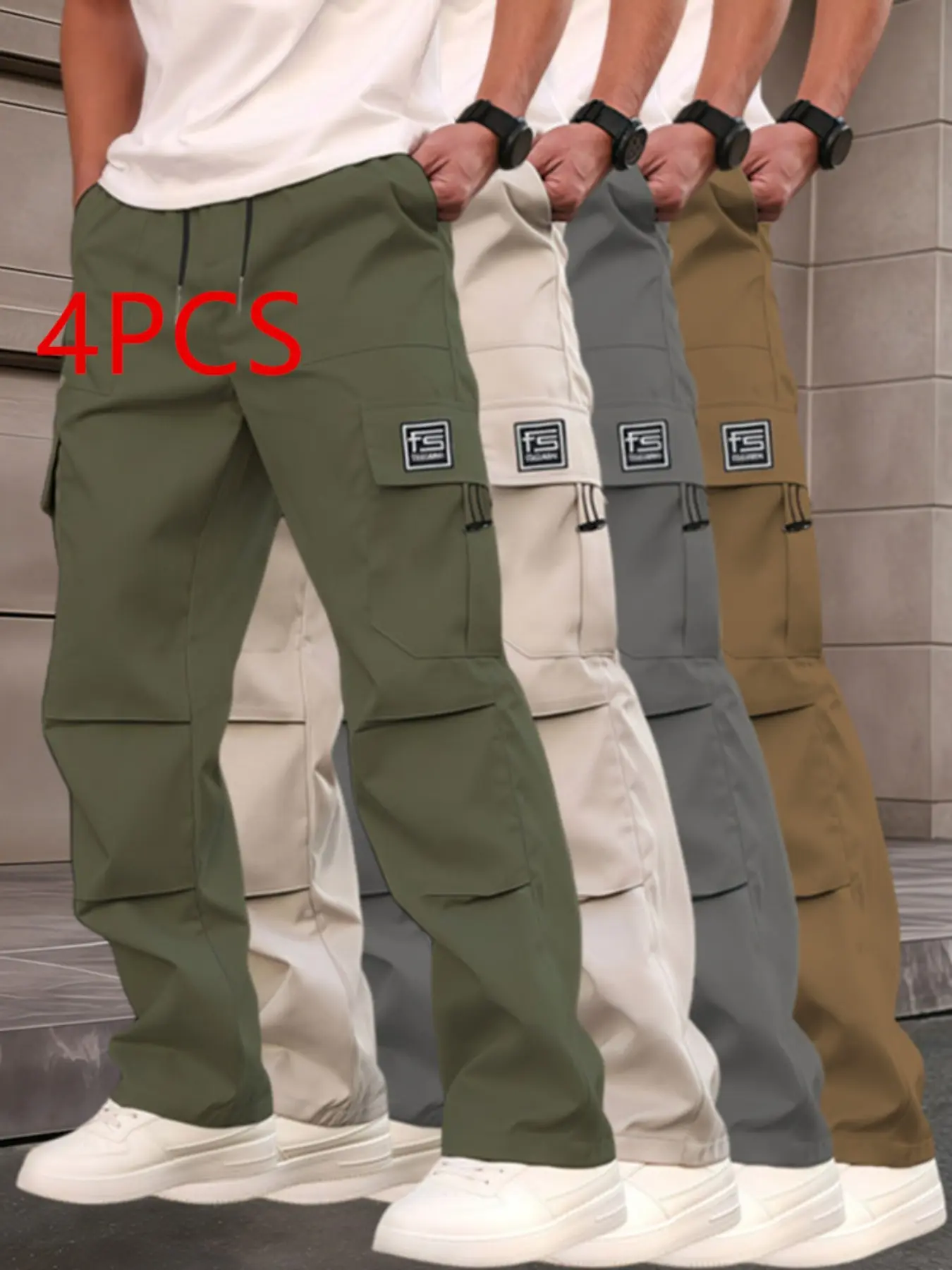 Men's Work Pants with Multiple Pockets, Loose-Fit Baggy Straight Leg Drawstring Casual Pants, Street Style Outdoor Cargo Pants for All Seasons