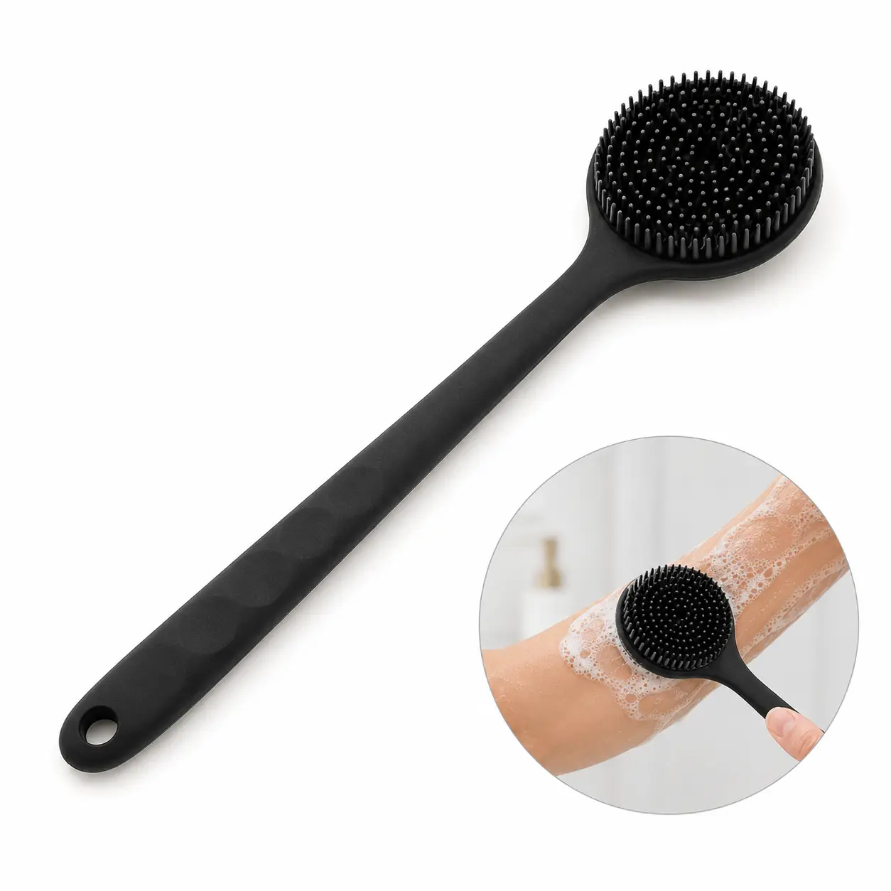 1 PC Hanging Silicone Back Scrubber for Shower, Long-Handle Bath Body Brush with Soft Silicone Bristles, Exfoliating Bathroom Gadget for Daily Use, Accessories