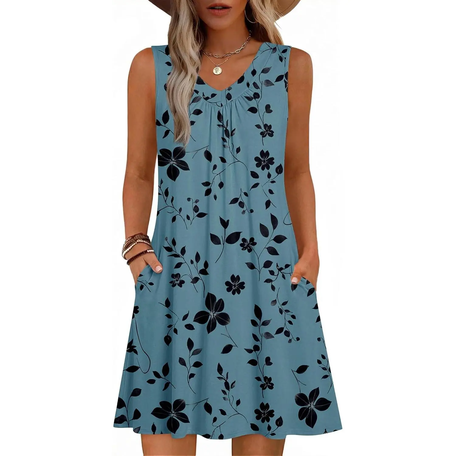 Summer Dresses for Women 2026 Sleeveless Dress V Neck Tank Dress Pleated Floral Tshirt Sundresses with Pockets