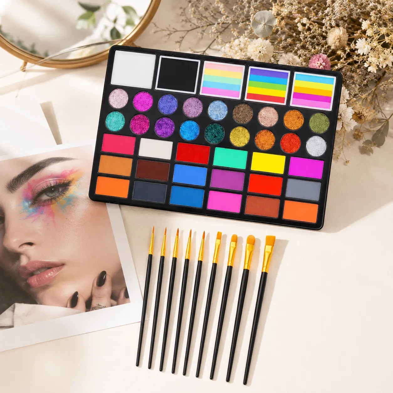 44 Color Face and Body Paint Set, Face Paint Palette, Includes 10 Brushes, Water-Based Washable Professional Makeup Tools, Matte and Glitter Colors, Perfect for Halloween Cosplay Parties
