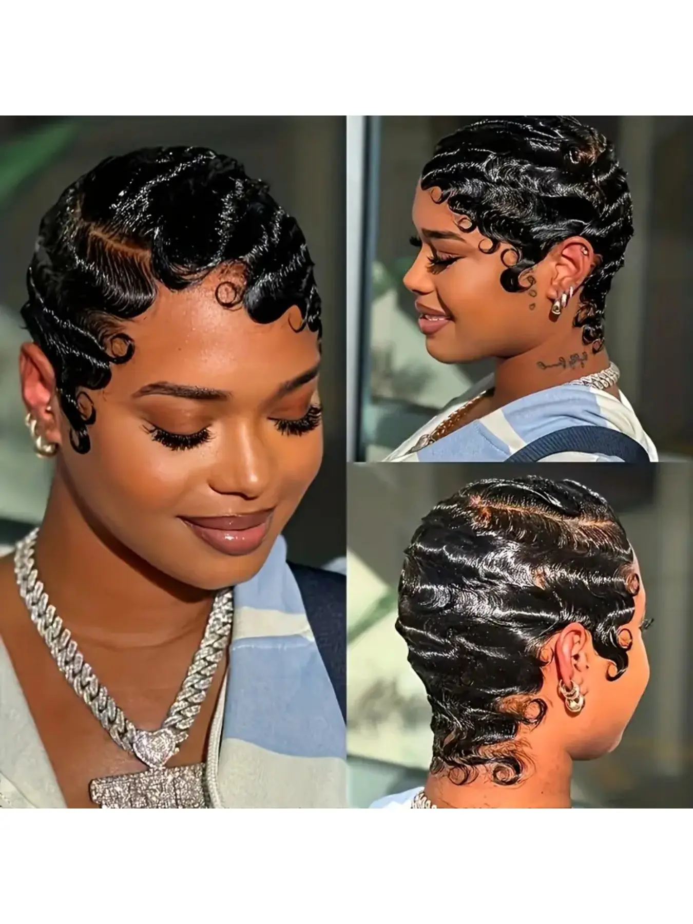 Black Finger Wave Human Hair Wig 6Inch Short Pixie Cut Wigs Brazilian Virgin Human Hair Wigs Finger Ocean Wave Wig for Black Women 180% Density Sleek Vintage Pixie Wig Easy Install Natural Looking Travel Makeup Hair Wig