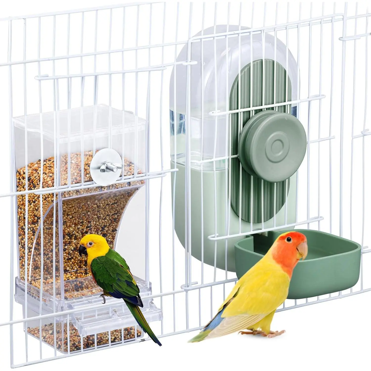 Mess-Free Bird Feeder & Water Dispenser Set Pack - Automatic Feeding, Hydration, Parakeet Cage Accessories for Small Birds (Parrots, Cockatiels, Finches, Lovebirds, Budgies), Hydrates Birds