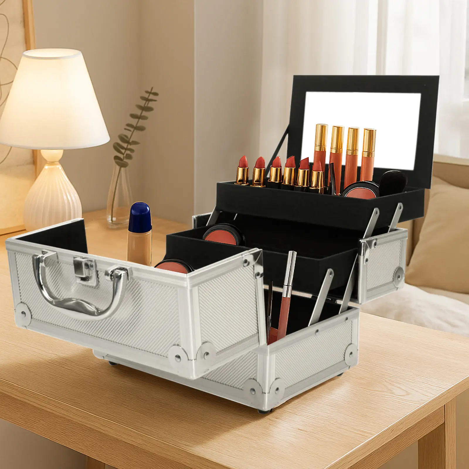 Aluminum Makeup Train Case Jewelry Box Cosmetic Organizer with Mirror 9"x6"x6" Silver