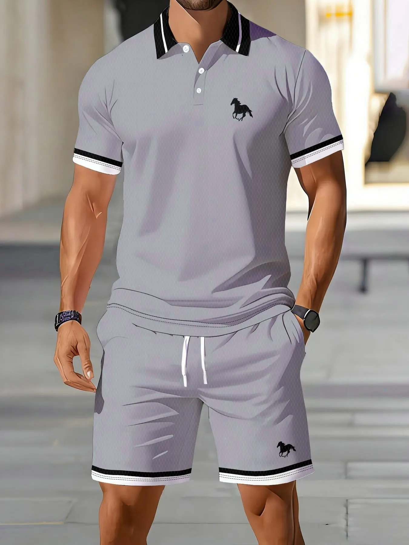 Men's Polo Shirt and Shorts Set, Summer Casual Sport Two-Piece, Simple Logo Design, Breathable and Comfortable