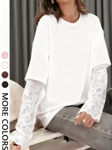 Women's Casual Basic Lace Patchwork Long Sleeve T-Shirt, Comfortable and Fashionable, Ideal for Daily Wear, Office, School, Music Festivals, All Seasons