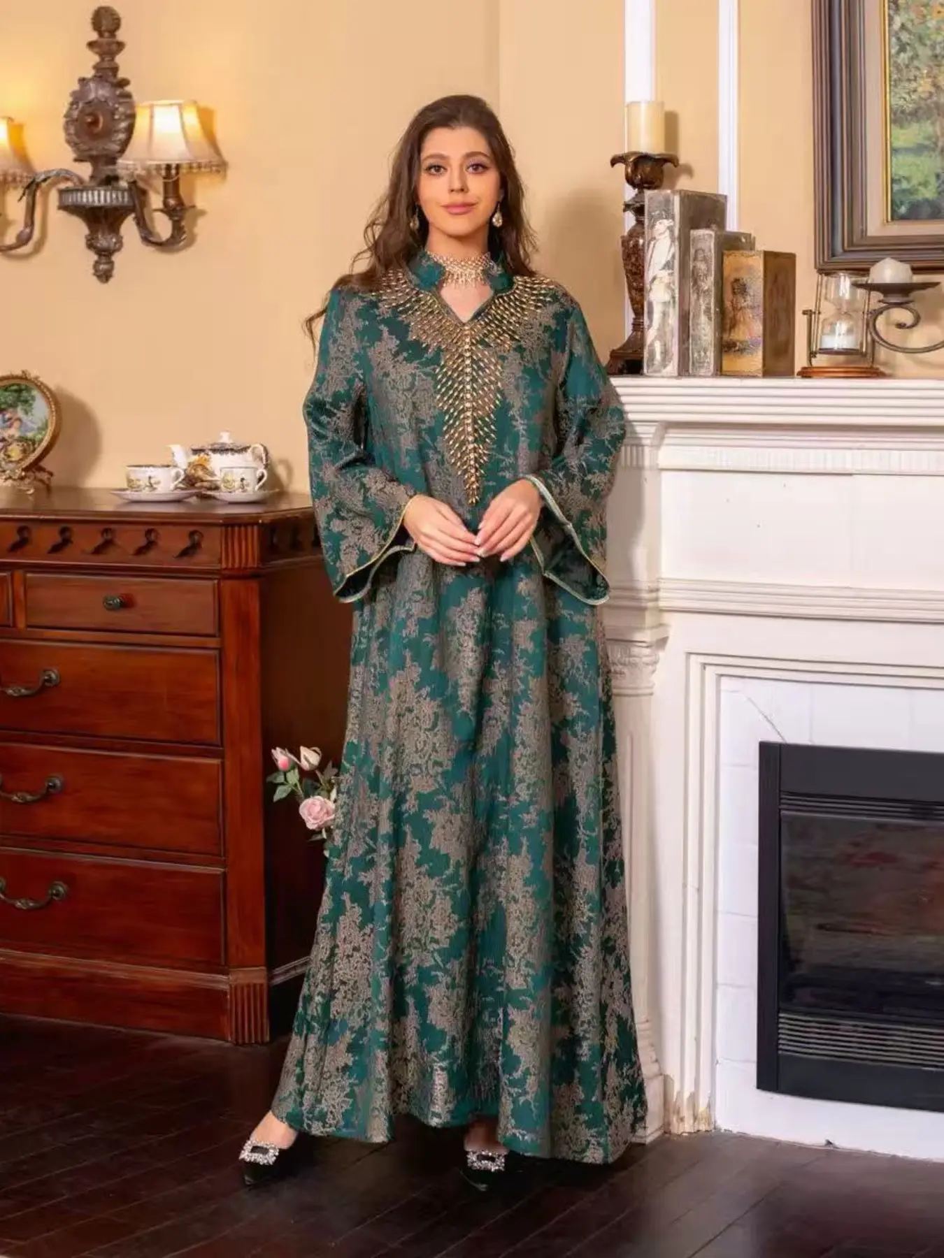 Middle Eastern Muslim Heavy Embroidery Ethnic Style Collar Beaded Stand Collar Dress Abayas, Modest Islamic Clothing, Islamic Modesty Clothes, Long Sleeve Fitted Unlined Plain Surface