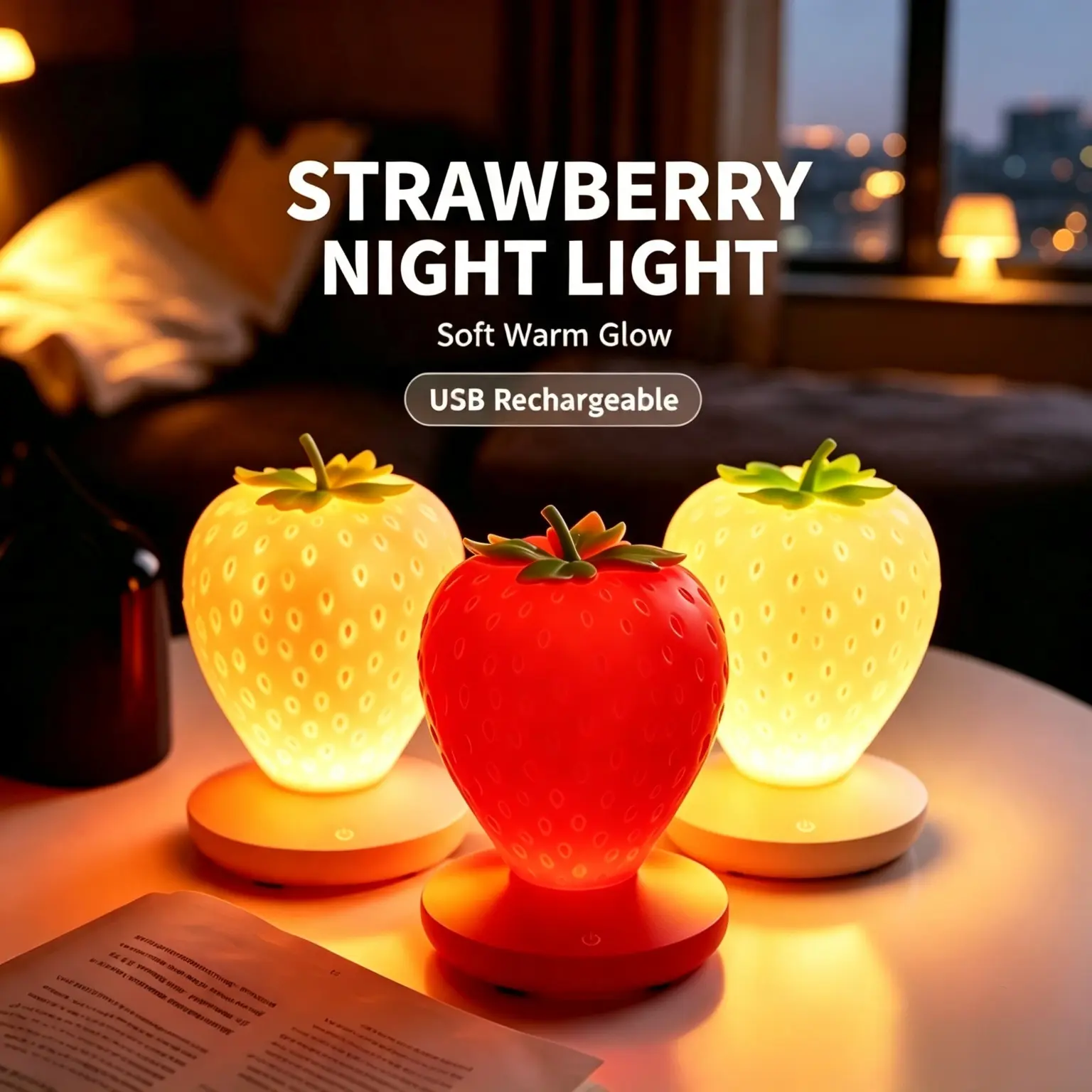 Cute Strawberry Shaped Silicone Night Light, USB Rechargeable Table Lamp, Soft Warm Bedroom Decor Lamp, Versatile Indoor Holiday Decoration Light, Perfect Valentine’s Day & Birthday Gift for Kids Girls, Aesthetic Home Nursery Decorative Lamp