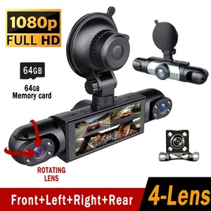 Hot Sale Bestseller for Uber & Lyft Rideshare Drivers! 4-Channel Non Wireless Dash Cam, 1080P Full HD Front + 720P Rear Left Right Coverage, Hardwired Powered,   G-Sensor, Comes With Free 64GB Memory Card, Car Dashboard Safe Driving Black Box