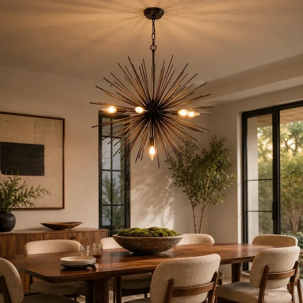 Sputnik Chandelier, 7 Lights Satellite Pendant Light fixtures, 25.6'' Modern Starburst Firework Metal Ceiling Light, for Dining Room, Bedroom, Kitchen, Hallway, Entryway, E12