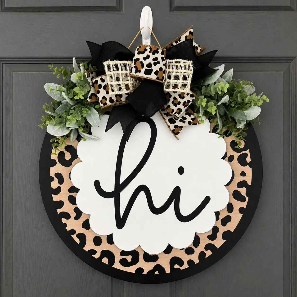 Hi Front Door Hanger, Leopard Print Welcome Door Wreath, Farmhouse Porch Sign, Round Entryway Door Decor with Bow and Greenery, Year Round Door Hanger, Spring Summer Home Decor, Housewarming Gift