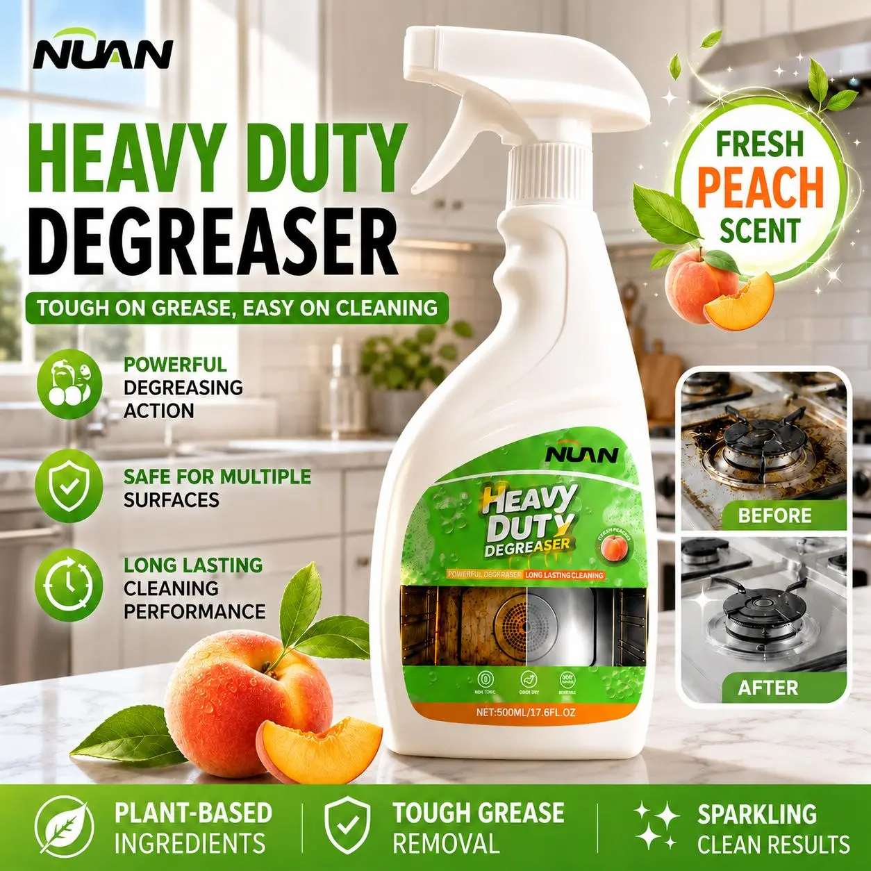 NUAN Kitchen Heavy Duty Degreaser Spray 500ml - Kitchen Cleaning Supplies - Removes Grease, Tough Stains - For Stovetop, Oven, Counters