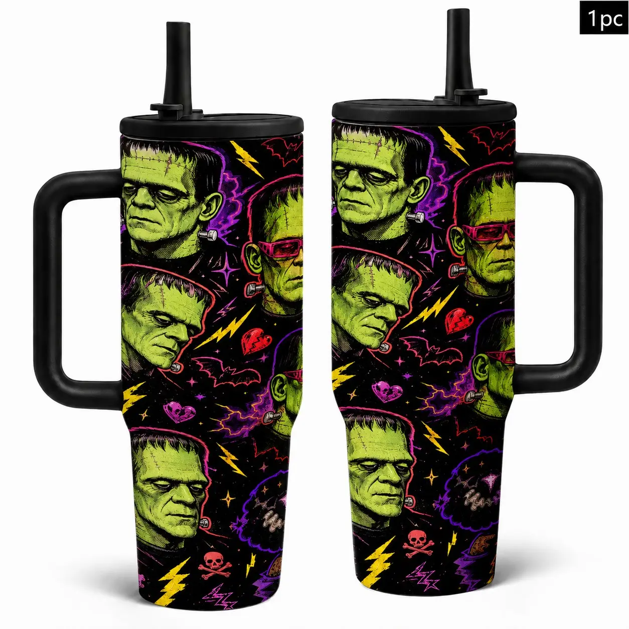 1PC 40oz Neon Green Monster Bat Lightning Pattern Insulated Tumbler with Handle & Lid, Double Wall Vacuum Leak-Proof Travel Mug, Hot 12H Cold 24H, Large Water Bottle for Men Women, Halloween Horror Gift, Insulated Vacuum Flasks, Drinkware