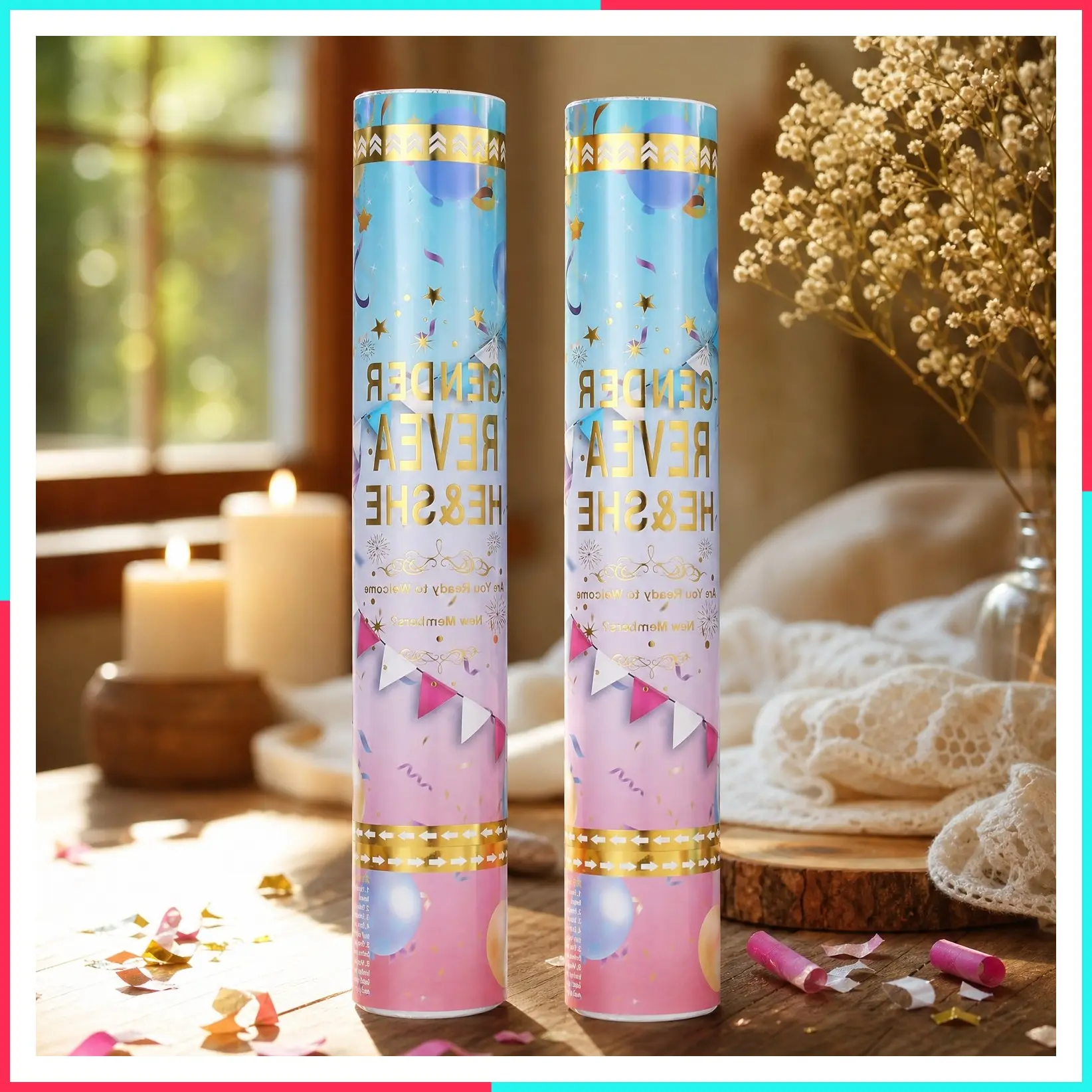 Pink Gender Reveal Confetti Powder Cannons, Baby Reveal Poppers