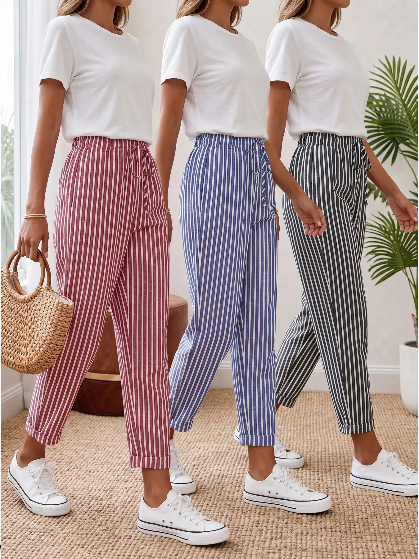 2026 Fall Vintage Striped Cropped Tapered Pants, High Waist Slim Fit, Breathable Joggers, Retro Shades, Streetwear Style